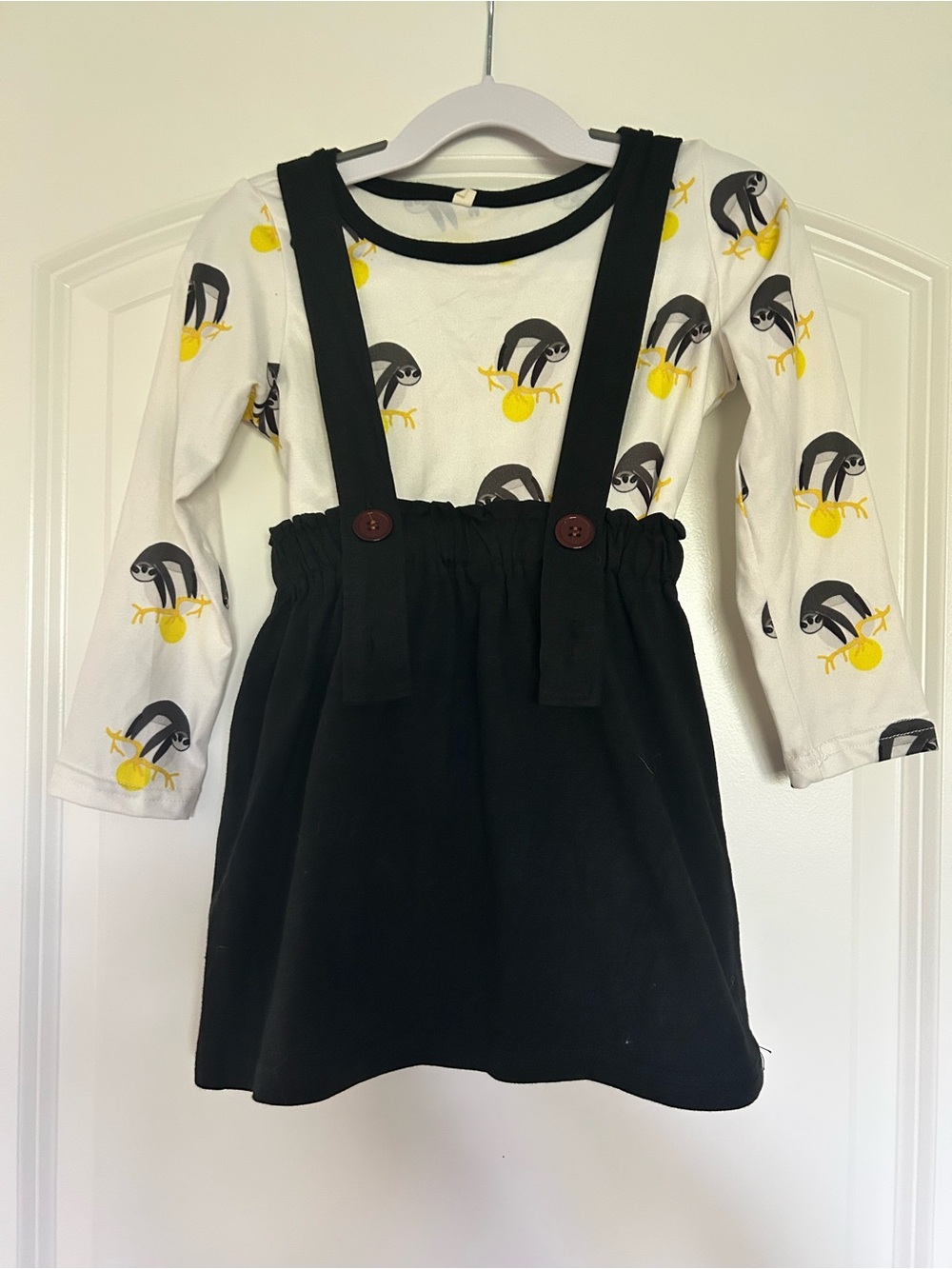 Black Suspender Skirt with White Sloth & Cat-Print Top for Kids (3 Pieces)